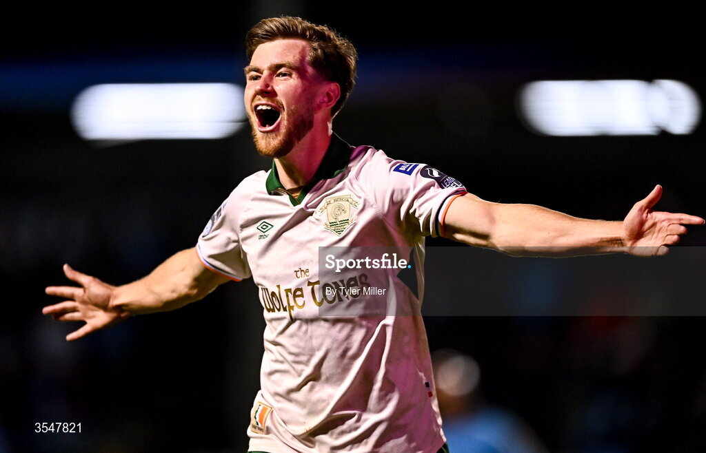21 August 2026; Barry Baggley of St Patrick's Athletic celebrates after scoring his side's second goal during the SSE Airtricity Men’s Premier Division match between Drogheda United and St Patrick's Athletic at Sullivan & Lambe Park in Drogheda, Louth. Photo by Tyler Miller/Sportsfile