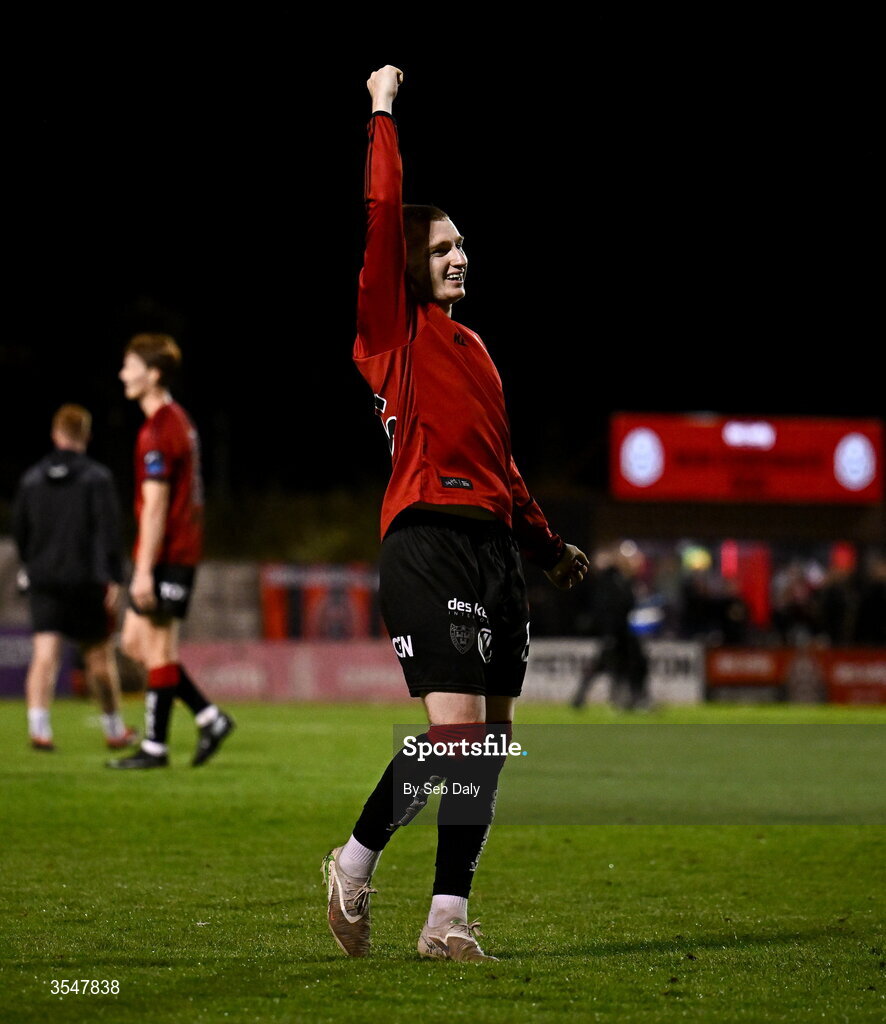 21 August 2026; Ross Tierney of Bohemians celebrates after his side's victory in the SSE Airtricity Men’s Premier Division match between Bohemians and Derry City at Dalymount Park in Dublin. Photo by Seb Daly/Sportsfile