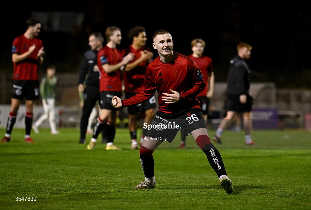 21 August 2026; Ross Tierney of Bohemians celebrates after his side's victory in the SSE Airtricity Men’s Premier Division match between Bohemians and Derry City at Dalymount Park in Dublin. Photo by Seb Daly/Sportsfile