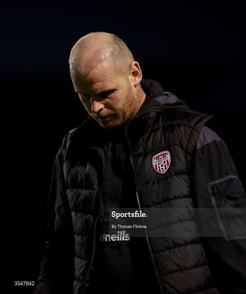 21 August 2026; Derry City interim manager Mark Connolly leaves the pitch after his side's defeat in the SSE Airtricity Men’s Premier Division match between Bohemians and Derry City at Dalymount Park in Dublin. Photo by Thomas Flinkow/Sportsfile