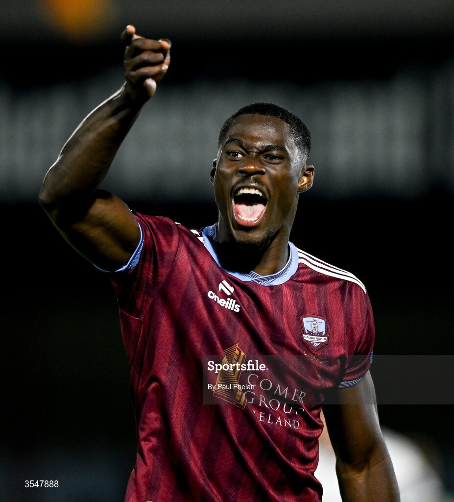 21 August 2026; Wasiri Williams of Galway United celebrates after the SSE Airtricity Men’s Premier Division match between Dundalk and Galway United at Oriel Park in Dundalk, Louth. Photo by Paul Phelan/Sportsfile