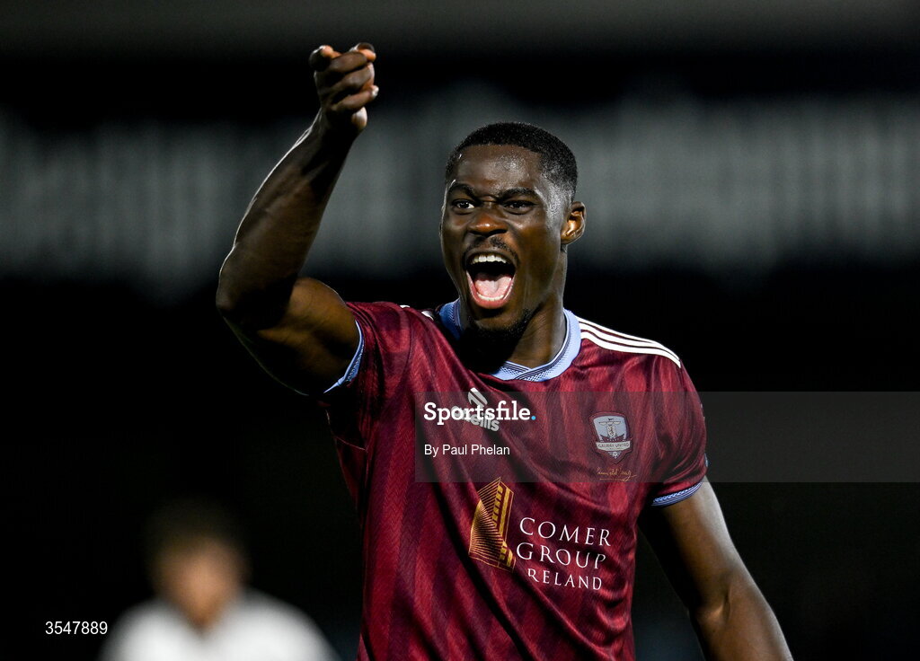 21 August 2026; Wasiri Williams of Galway United celebrates after the SSE Airtricity Men’s Premier Division match between Dundalk and Galway United at Oriel Park in Dundalk, Louth. Photo by Paul Phelan/Sportsfile