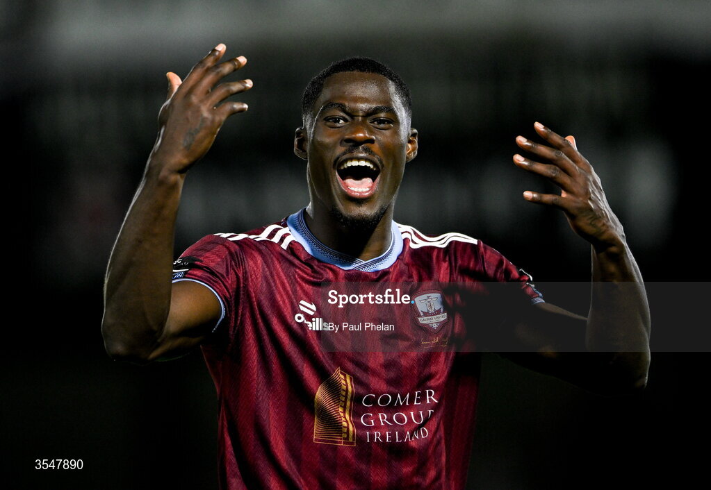 21 August 2026; Wasiri Williams of Galway United celebrates after the SSE Airtricity Men’s Premier Division match between Dundalk and Galway United at Oriel Park in Dundalk, Louth. Photo by Paul Phelan/Sportsfile