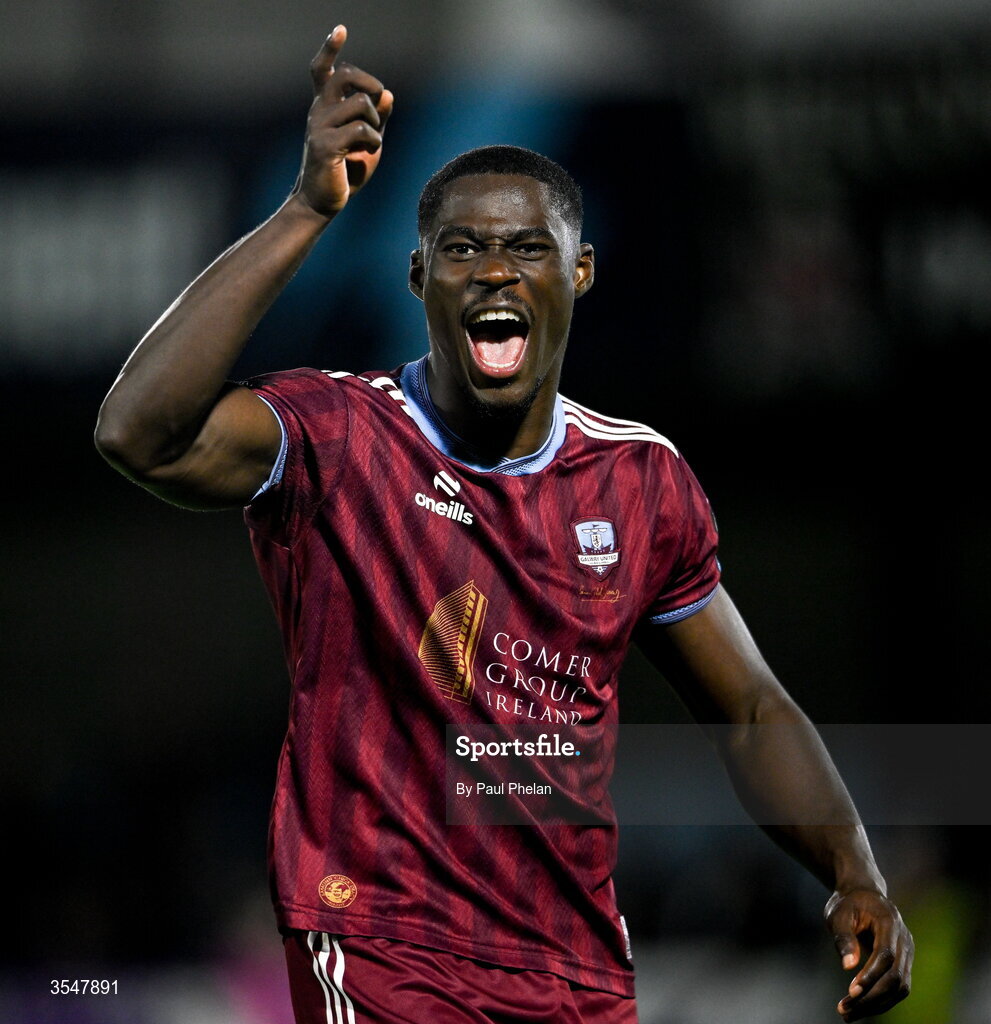 21 August 2026; Wasiri Williams of Galway United celebrates after the SSE Airtricity Men’s Premier Division match between Dundalk and Galway United at Oriel Park in Dundalk, Louth. Photo by Paul Phelan/Sportsfile