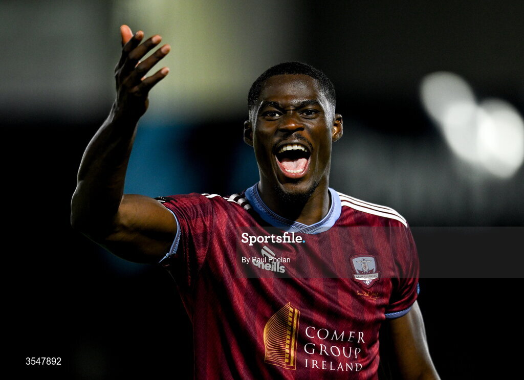 21 August 2026; Wasiri Williams of Galway United celebrates after the SSE Airtricity Men’s Premier Division match between Dundalk and Galway United at Oriel Park in Dundalk, Louth. Photo by Paul Phelan/Sportsfile