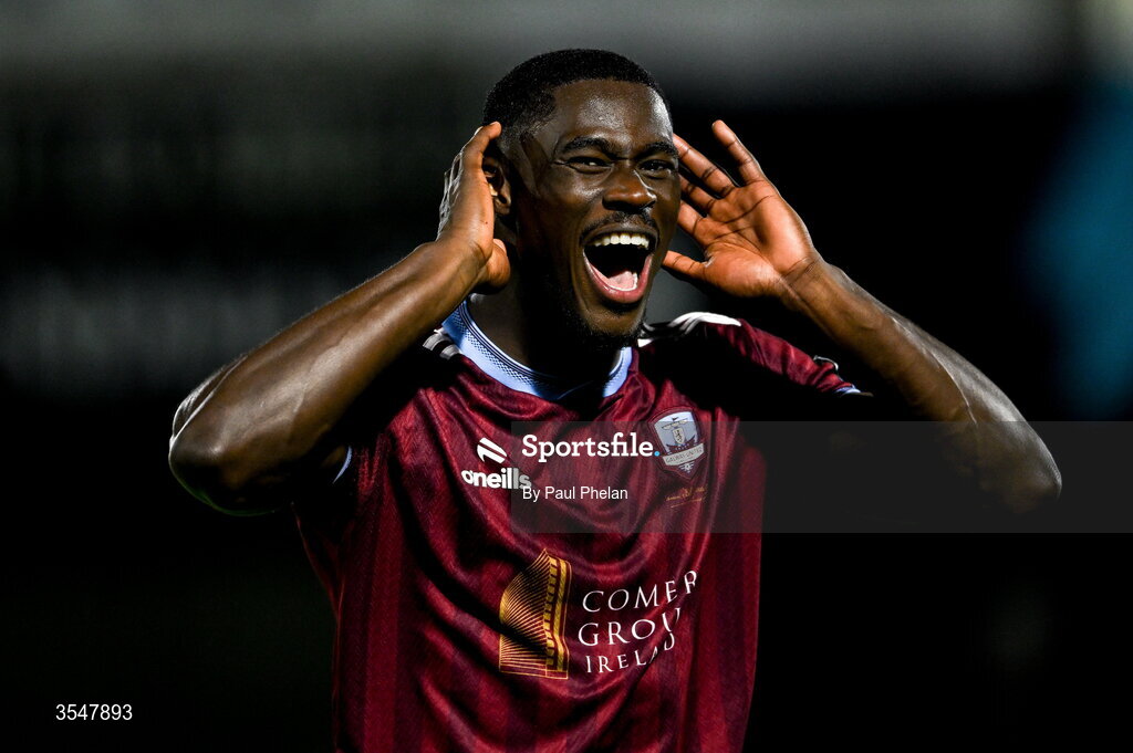 21 August 2026; Wasiri Williams of Galway United celebrates after the SSE Airtricity Men’s Premier Division match between Dundalk and Galway United at Oriel Park in Dundalk, Louth. Photo by Paul Phelan/Sportsfile