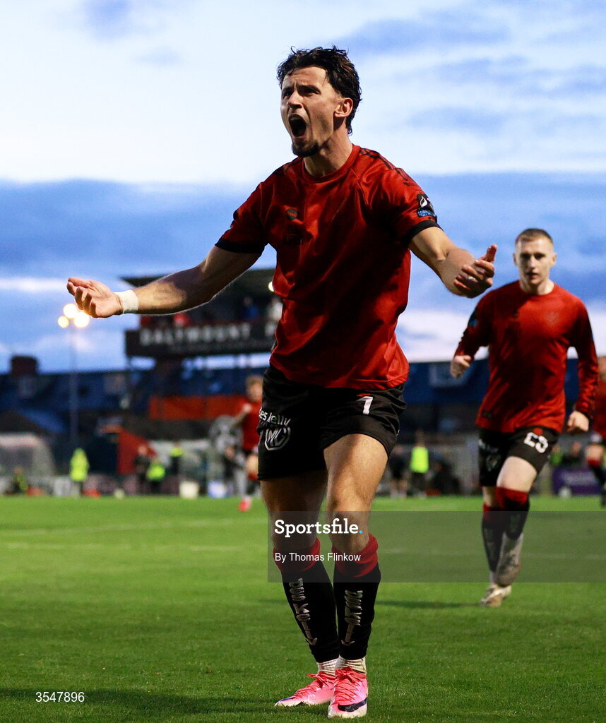 21 August 2026; Connor Parsons of Bohemians celebrates after scoring his side's second goal during the SSE Airtricity Men’s Premier Division match between Bohemians and Derry City at Dalymount Park in Dublin. Photo by Thomas Flinkow/Sportsfile