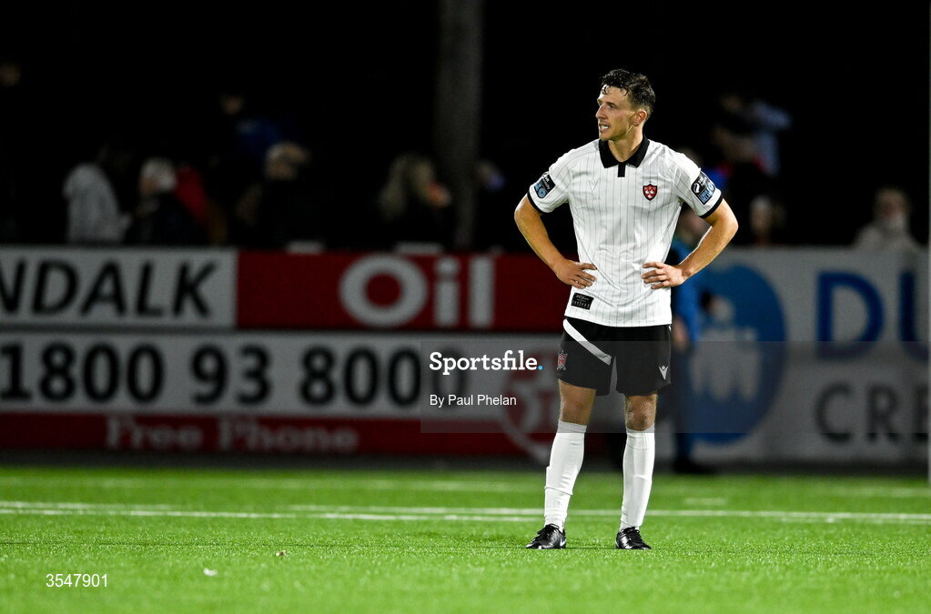 21 August 2026; Keith Buckley of Dundalk reacts after the SSE Airtricity Men’s Premier Division match between Dundalk and Galway United at Oriel Park in Dundalk, Louth. Photo by Paul Phelan/Sportsfile