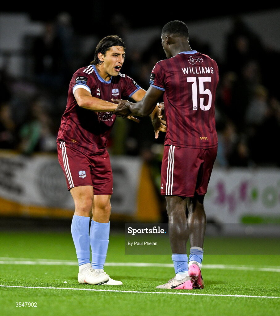 21 August 2026; Gianfranco Facchineri and Wasiri Williams of Galway United celebrate after the SSE Airtricity Men’s Premier Division match between Dundalk and Galway United at Oriel Park in Dundalk, Louth. Photo by Paul Phelan/Sportsfile