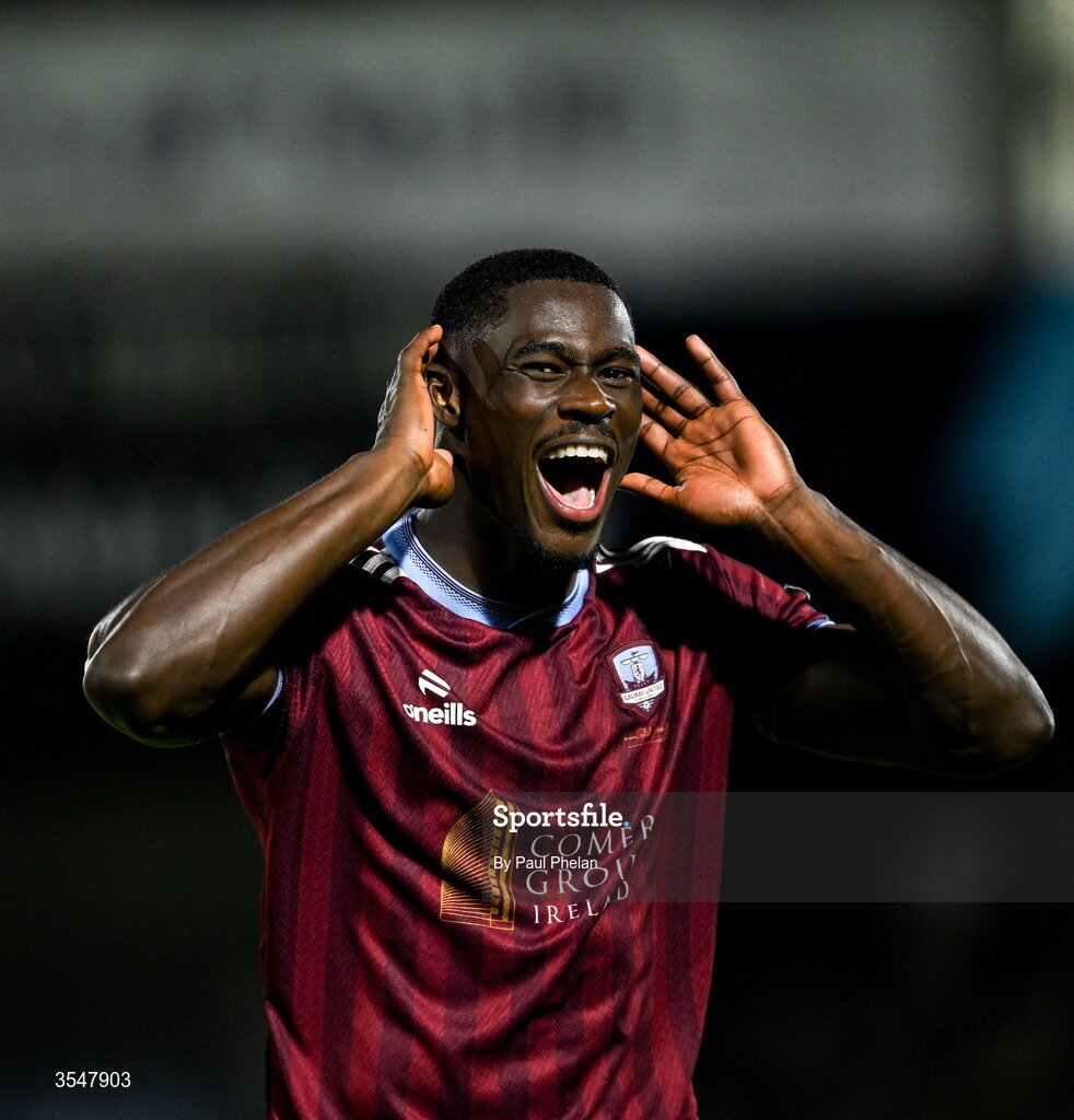 21 August 2026; Wasiri Williams of Galway United celebrates after the SSE Airtricity Men’s Premier Division match between Dundalk and Galway United at Oriel Park in Dundalk, Louth. Photo by Paul Phelan/Sportsfile