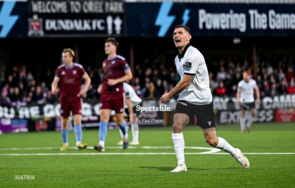 21 August 2026; Trevor Clarke of Dundalk reacts during the SSE Airtricity Men’s Premier Division match between Dundalk and Galway United at Oriel Park in Dundalk, Louth. Photo by Paul Phelan/Sportsfile