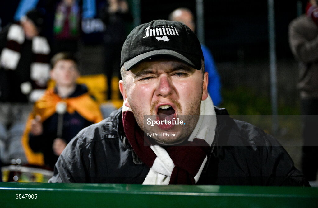 21 August 2026; A Galway United supporters celebrates after the SSE Airtricity Men’s Premier Division match between Dundalk and Galway United at Oriel Park in Dundalk, Louth. Photo by Paul Phelan/Sportsfile