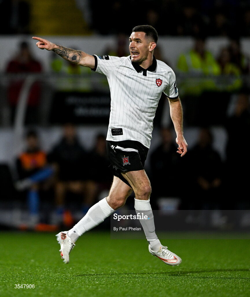 21 August 2026; Trevor Clarke of Dundalk celebrates after scoring his side's first goal during the SSE Airtricity Men’s Premier Division match between Dundalk and Galway United at Oriel Park in Dundalk, Louth. Photo by Paul Phelan/Sportsfile