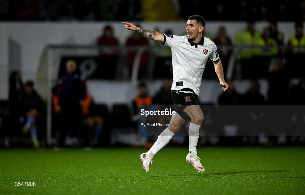 21 August 2026; Trevor Clarke of Dundalk celebrates after scoring his side's first goal during the SSE Airtricity Men’s Premier Division match between Dundalk and Galway United at Oriel Park in Dundalk, Louth. Photo by Paul Phelan/Sportsfile