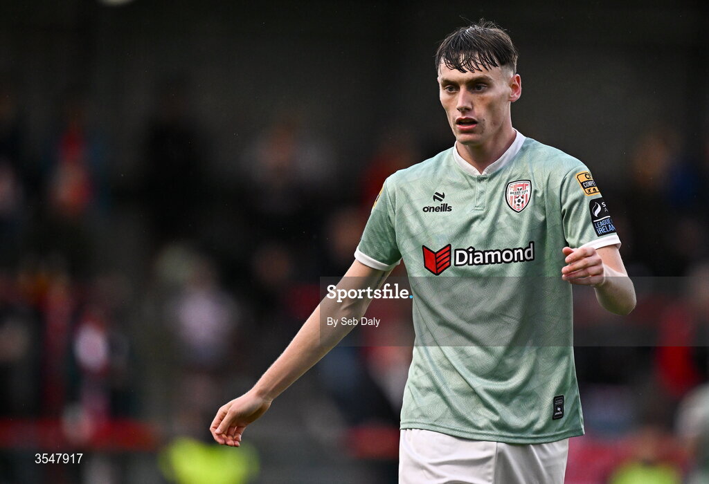 21 August 2026; Conor Barr of Derry City during the SSE Airtricity Men’s Premier Division match between Bohemians and Derry City at Dalymount Park in Dublin. Photo by Seb Daly/Sportsfile