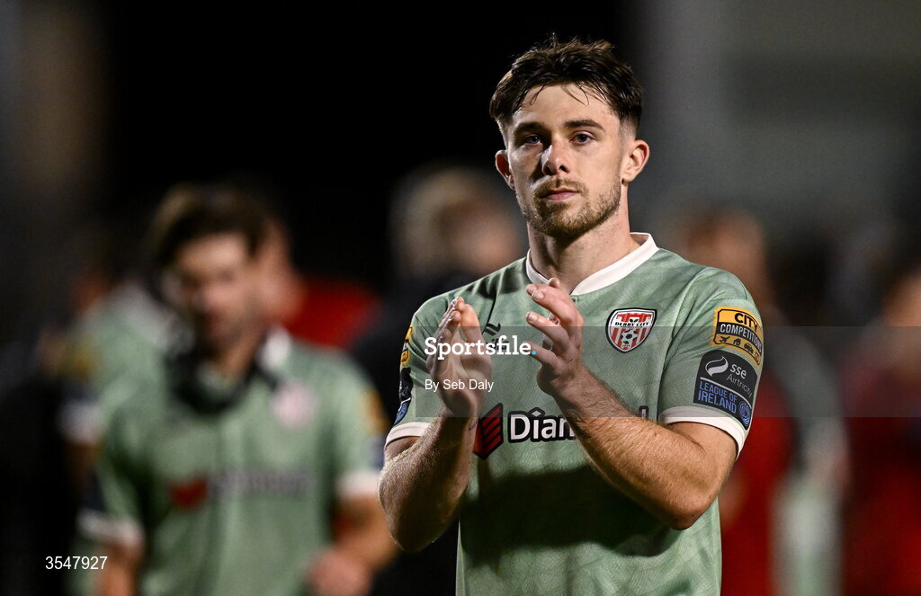 21 August 2026; Adam O'Reilly of Derry City after the SSE Airtricity Men’s Premier Division match between Bohemians and Derry City at Dalymount Park in Dublin. Photo by Seb Daly/Sportsfile