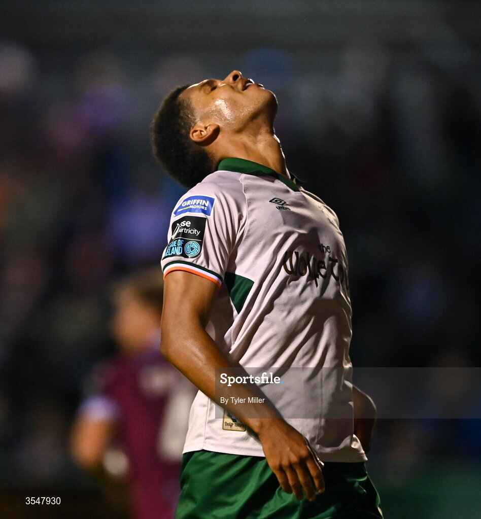 21 August 2026; Anthony Olusanya of St Patrick's Athletic reacts during the SSE Airtricity Men’s Premier Division match between Drogheda United and St Patrick's Athletic at Sullivan & Lambe Park in Drogheda, Louth. Photo by Tyler Miller/Sportsfile
