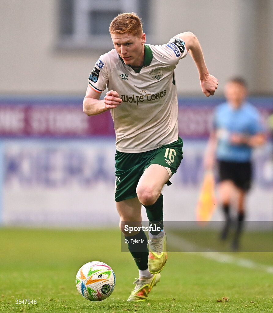 21 August 2026; Darragh Nugent of St Patrick's Athletic during the SSE Airtricity Men’s Premier Division match between Drogheda United and St Patrick's Athletic at Sullivan & Lambe Park in Drogheda, Louth. Photo by Tyler Miller/Sportsfile