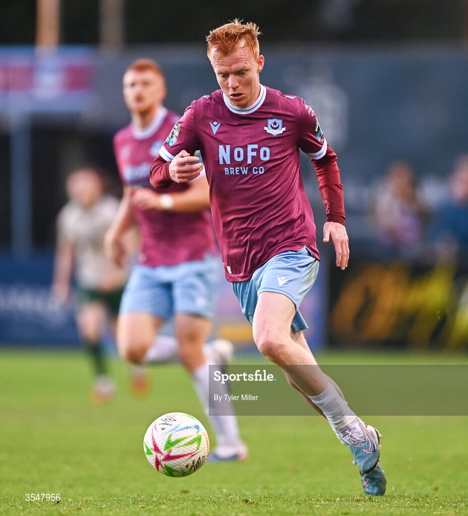 21 August 2026; Shane Farrell of Drogheda United during the SSE Airtricity Men’s Premier Division match between Drogheda United and St Patrick's Athletic at Sullivan & Lambe Park in Drogheda, Louth. Photo by Tyler Miller/Sportsfile