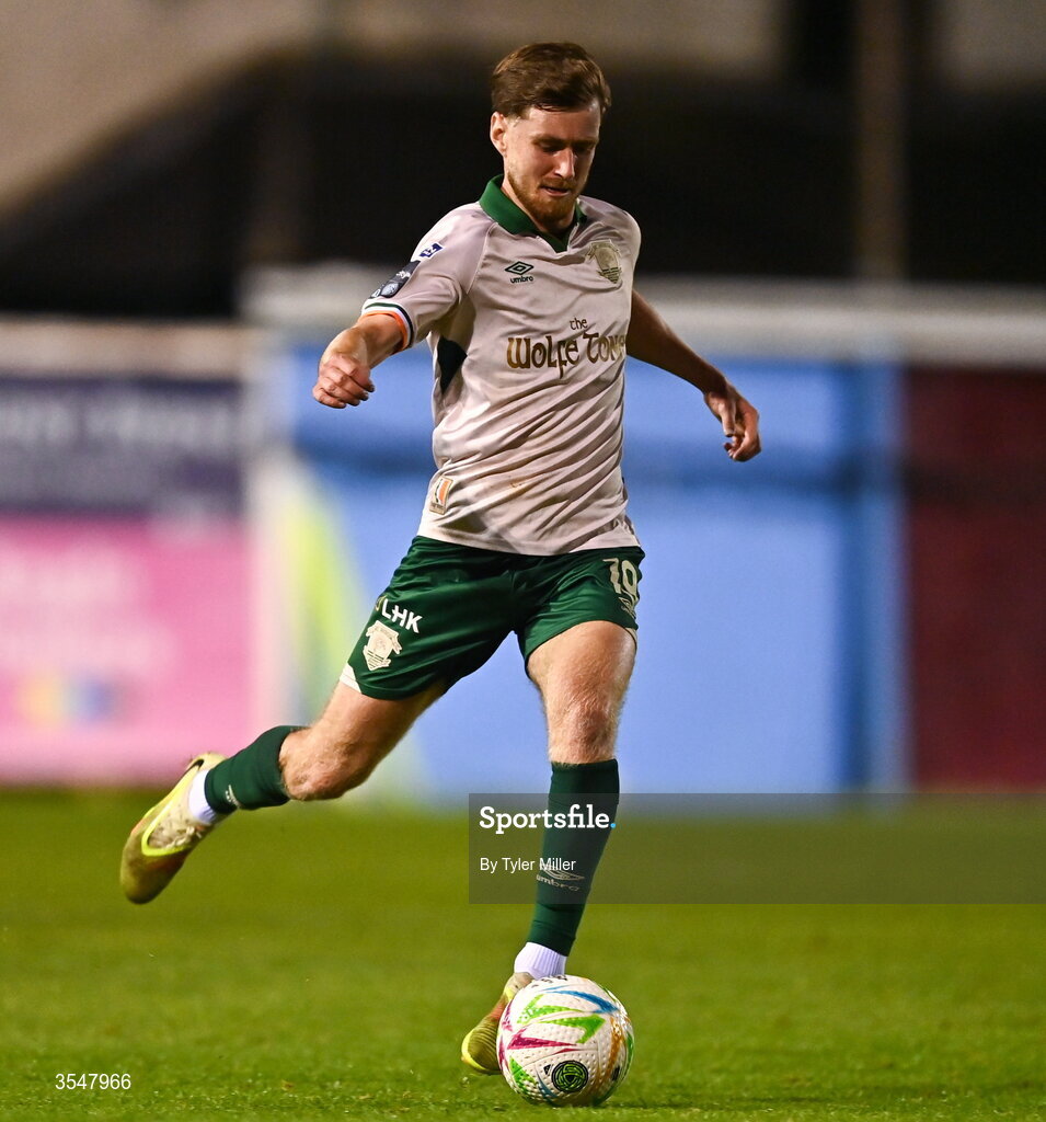 21 August 2026; Barry Baggley of St Patrick's Athletic on his way to scoring his side's second goal during the SSE Airtricity Men’s Premier Division match between Drogheda United and St Patrick's Athletic at Sullivan & Lambe Park in Drogheda, Louth. Photo by Tyler Miller/Sportsfile