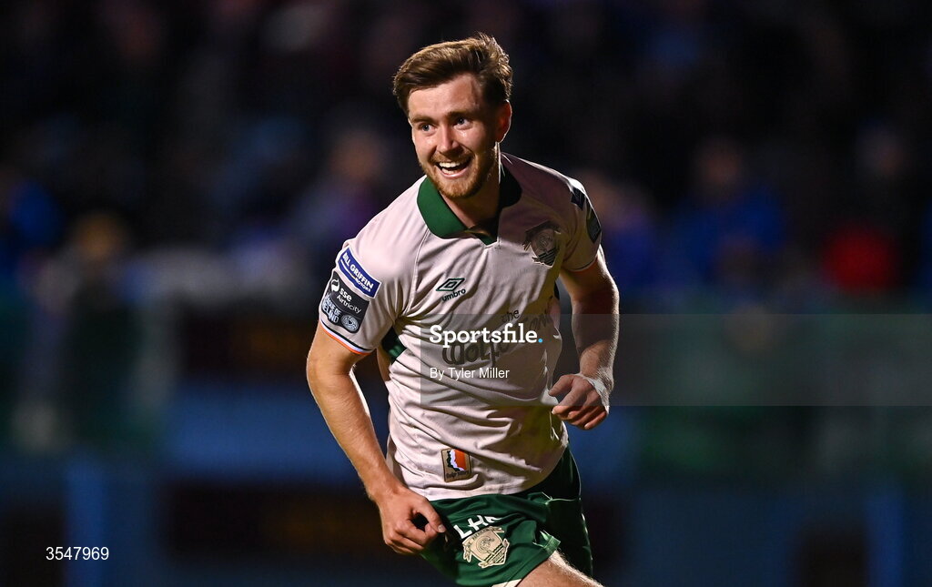 21 August 2026; Barry Baggley of St Patrick's Athletic celebrates after scoring his side's second goal during the SSE Airtricity Men’s Premier Division match between Drogheda United and St Patrick's Athletic at Sullivan & Lambe Park in Drogheda, Louth. Photo by Tyler Miller/Sportsfile