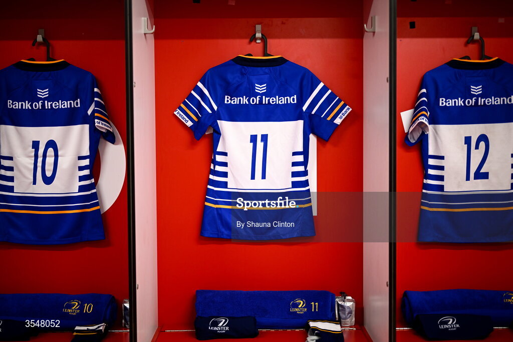22 August 2026; The jerseys of Leinster players, from left, Ellie O’Sullivan Sexton, Vicky Elmes Kinlan and Eve Higgins are seen in the dressing-room ahead of the Vodafone Womens Interprovincial Championship Round 3 match between Ulster and Leinster at Affidea Stadium in Belfast. Photo by Shauna Clinton/Sportsfile