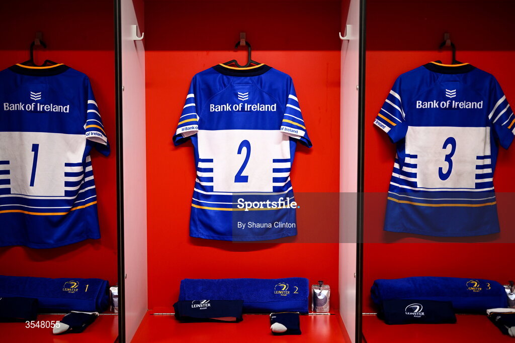 22 August 2026; The jerseys of Leinster players, from left, Caoimhe Molloy, Sarah Delaney and Linda Djougang are seen in the dressing-room ahead of the Vodafone Womens Interprovincial Championship Round 3 match between Ulster and Leinster at Affidea Stadium in Belfast. Photo by Shauna Clinton/Sportsfile