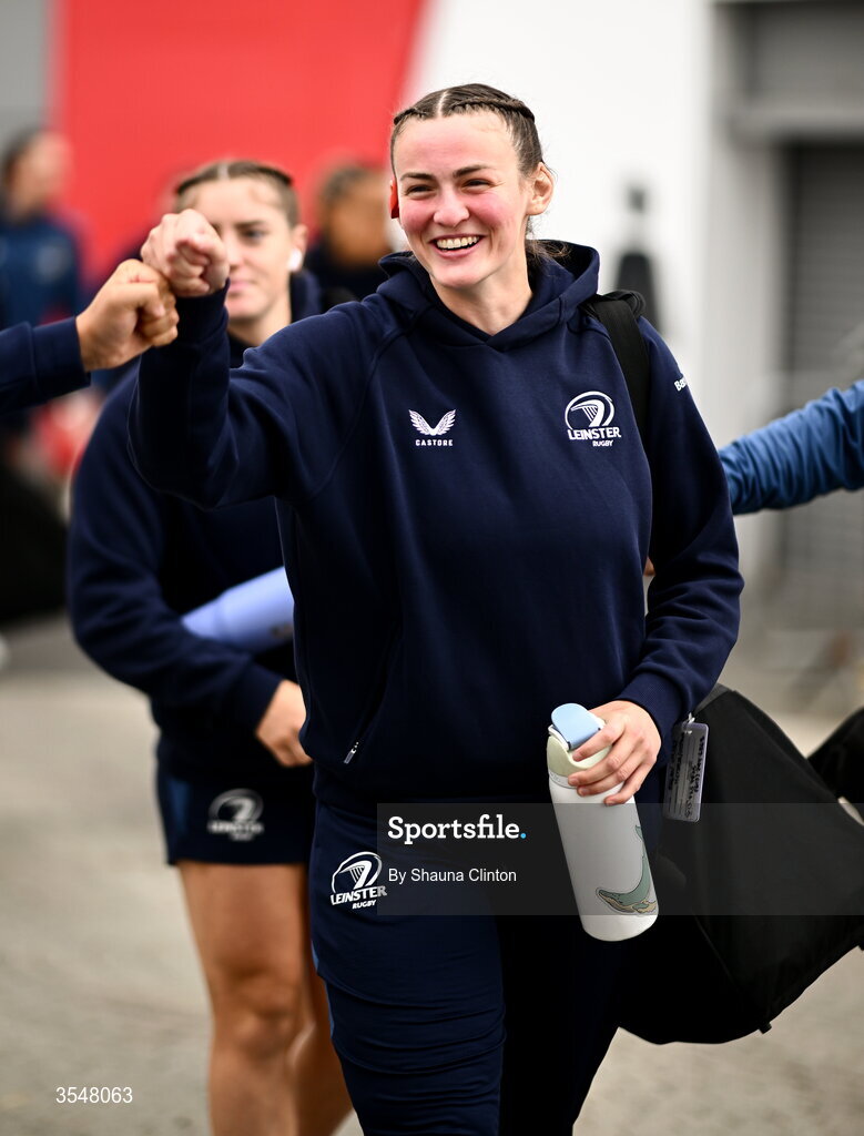 22 August 2026; Regan Casey of Leinster arrives ahead of the Vodafone Womens Interprovincial Championship Round 3 match between Ulster and Leinster at Affidea Stadium in Belfast. Photo by Shauna Clinton/Sportsfile