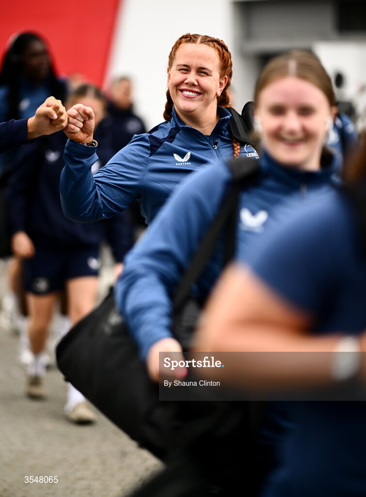 22 August 2026; Caoimhe Molloy of Leinster arrives ahead of the Vodafone Womens Interprovincial Championship Round 3 match between Ulster and Leinster at Affidea Stadium in Belfast. Photo by Shauna Clinton/Sportsfile
