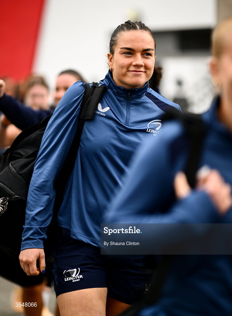 22 August 2026; Kate Jordan of Leinster arrives ahead of the Vodafone Womens Interprovincial Championship Round 3 match between Ulster and Leinster at Affidea Stadium in Belfast. Photo by Shauna Clinton/Sportsfile