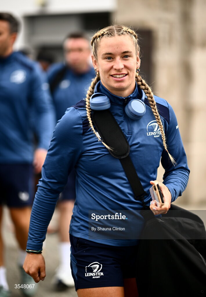 22 August 2026; Kathy Baker of Leinster arrives ahead of the Vodafone Womens Interprovincial Championship Round 3 match between Ulster and Leinster at Affidea Stadium in Belfast. Photo by Shauna Clinton/Sportsfile