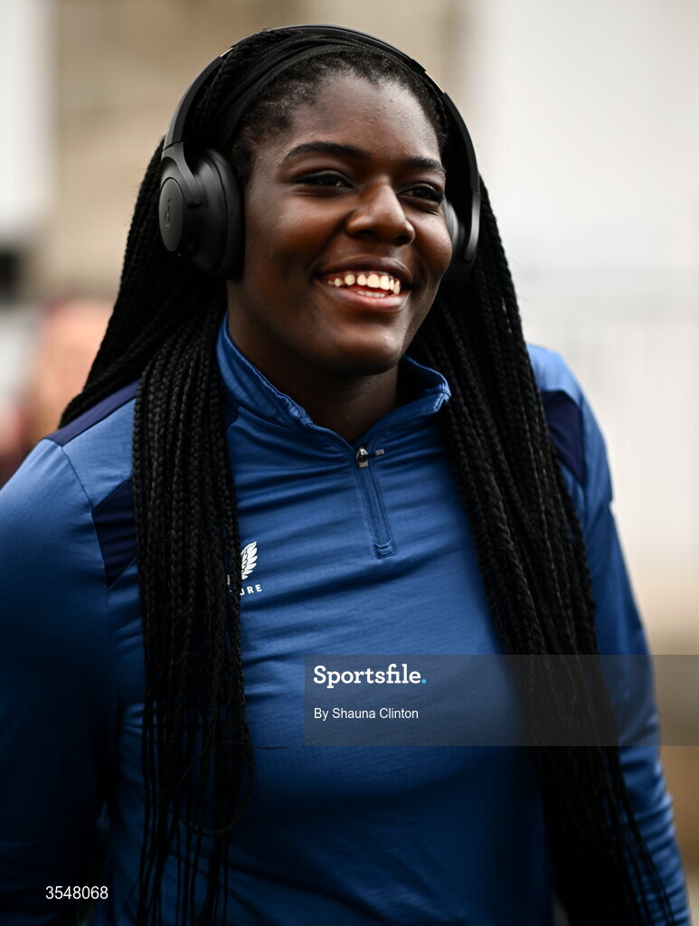 22 August 2026; Alma Atagamen of Leinster arrives ahead of the Vodafone Womens Interprovincial Championship Round 3 match between Ulster and Leinster at Affidea Stadium in Belfast. Photo by Shauna Clinton/Sportsfile