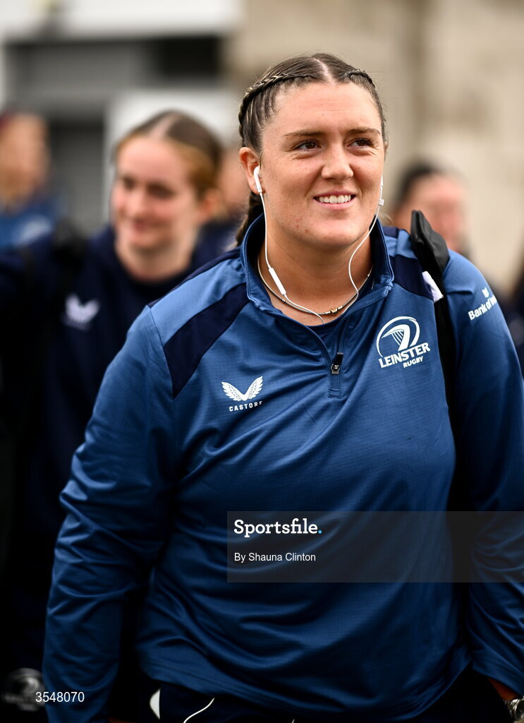 22 August 2026; Hannah Wilson of Leinster arrives ahead of the Vodafone Womens Interprovincial Championship Round 3 match between Ulster and Leinster at Affidea Stadium in Belfast. Photo by Shauna Clinton/Sportsfile