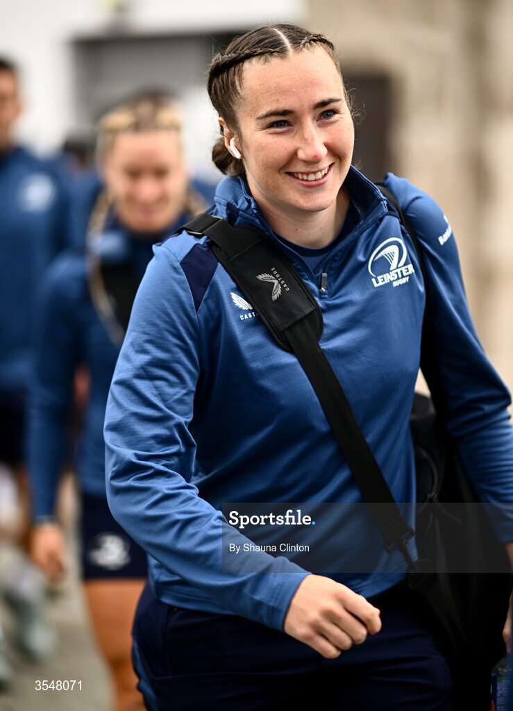 22 August 2026; Eve Higgins of Leinster arrives ahead of the Vodafone Womens Interprovincial Championship Round 3 match between Ulster and Leinster at Affidea Stadium in Belfast. Photo by Shauna Clinton/Sportsfile