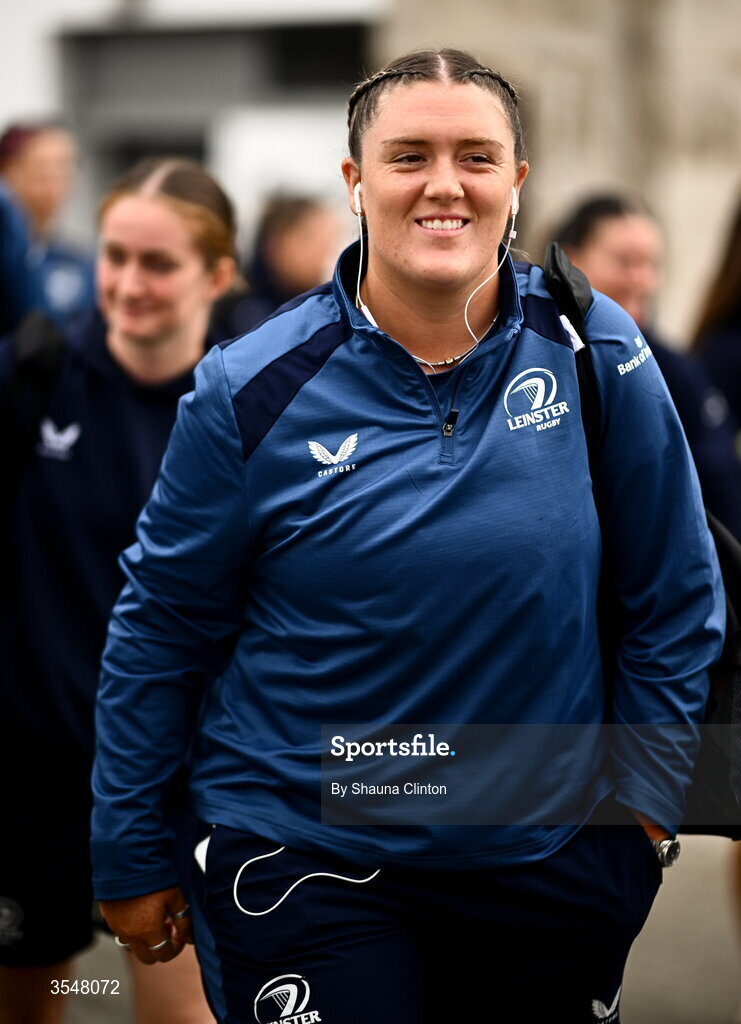 22 August 2026; Hannah Wilson of Leinster arrives ahead of the Vodafone Womens Interprovincial Championship Round 3 match between Ulster and Leinster at Affidea Stadium in Belfast. Photo by Shauna Clinton/Sportsfile