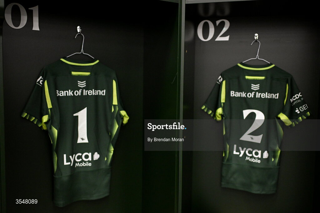 22 August 2026; The jerseys of Ella Burns, left, and Uillian Eilian in the Connacht dressingroom before the Vodafone Womens Interprovincial Championship Round 3 match between Connacht and Munster at Dexcom Stadium in Galway. Photo by Brendan Moran/Sportsfile