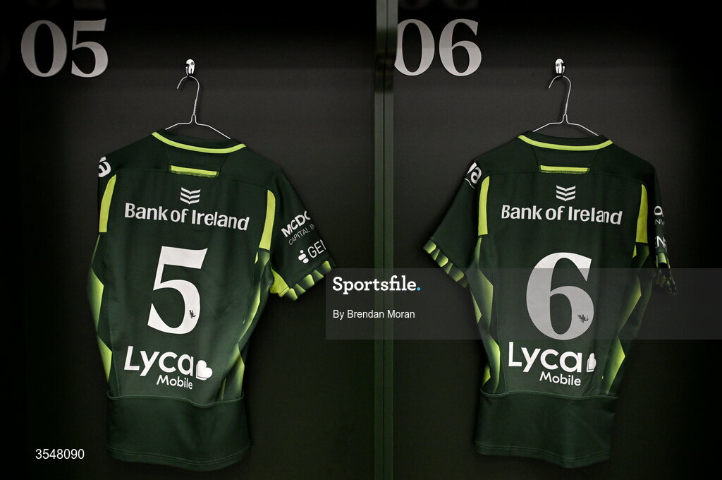 22 August 2026; The jerseys of Poppy Garvey, left, and Emma Kelly in the Connacht dressingroom before the Vodafone Womens Interprovincial Championship Round 3 match between Connacht and Munster at Dexcom Stadium in Galway. Photo by Brendan Moran/Sportsfile