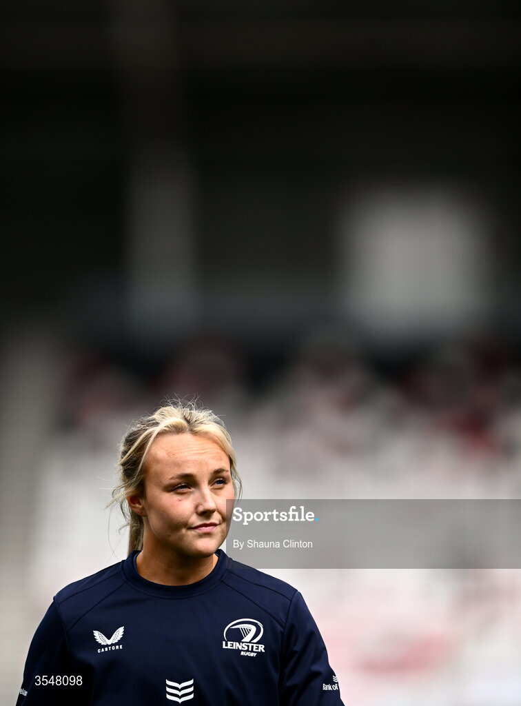 22 August 2026; Aoife Dalton of Leinster warms-up before the Vodafone Womens Interprovincial Championship Round 3 match between Ulster and Leinster at Affidea Stadium in Belfast. Photo by Shauna Clinton/Sportsfile