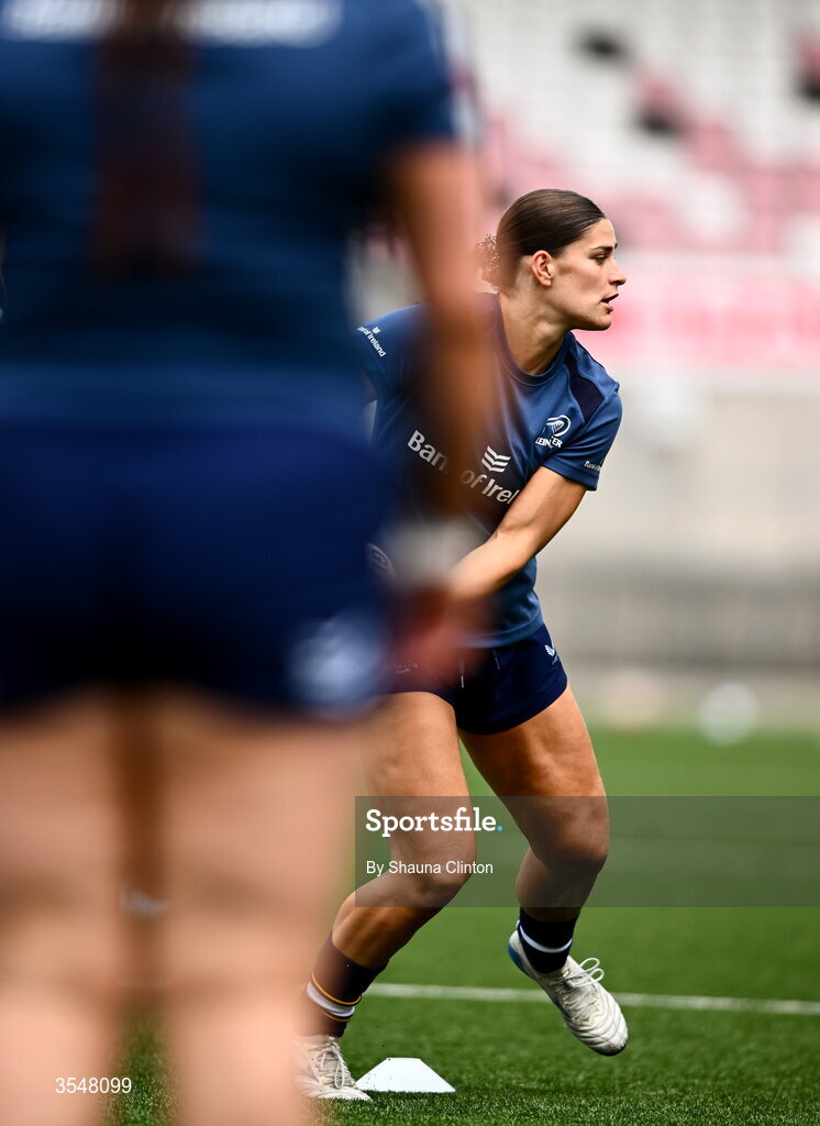 22 August 2026; Vicky Elmes Kinlan of Leinster warms-up before the Vodafone Womens Interprovincial Championship Round 3 match between Ulster and Leinster at Affidea Stadium in Belfast. Photo by Shauna Clinton/Sportsfile