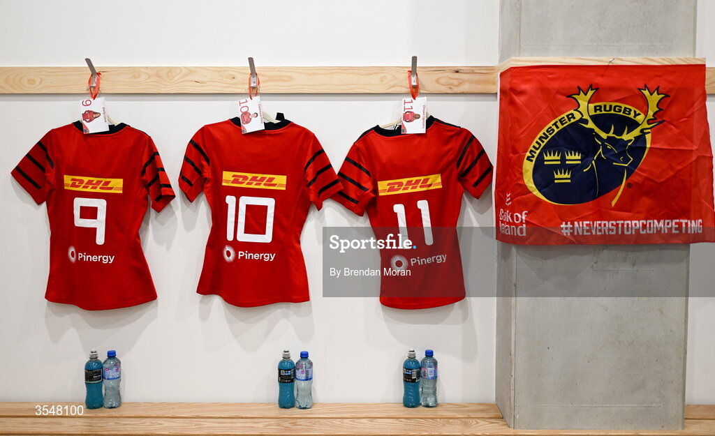 22 August 2026; Jerseys hang in the Munster dressingroom before the Vodafone Womens Interprovincial Championship Round 3 match between Connacht and Munster at Dexcom Stadium in Galway. Photo by Brendan Moran/Sportsfile