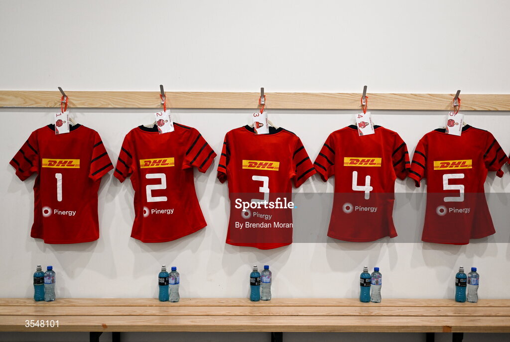 22 August 2026; Jerseys hang in the Munster dressingroom before the Vodafone Womens Interprovincial Championship Round 3 match between Connacht and Munster at Dexcom Stadium in Galway. Photo by Brendan Moran/Sportsfile