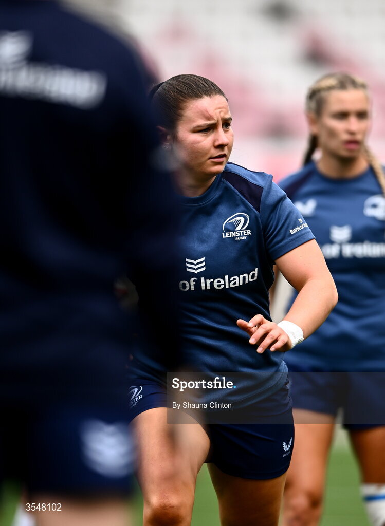 22 August 2026; Sarah Delaney of Leinster warms-up before the Vodafone Womens Interprovincial Championship Round 3 match between Ulster and Leinster at Affidea Stadium in Belfast. Photo by Shauna Clinton/Sportsfile