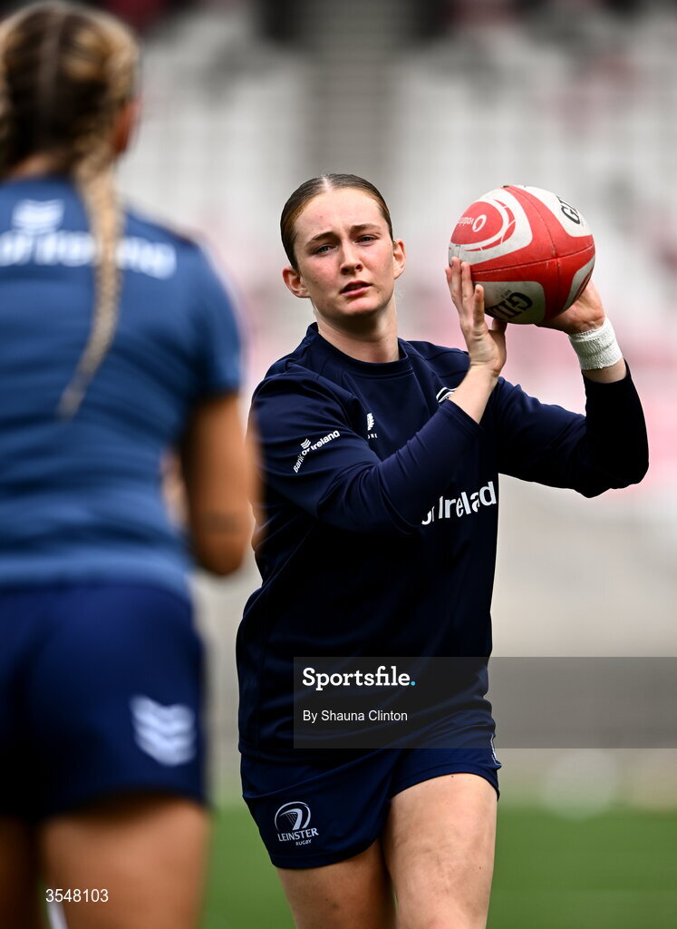 22 August 2026; Ellie O’Sullivan Sexton of Leinster warms-up before the Vodafone Womens Interprovincial Championship Round 3 match between Ulster and Leinster at Affidea Stadium in Belfast. Photo by Shauna Clinton/Sportsfile
