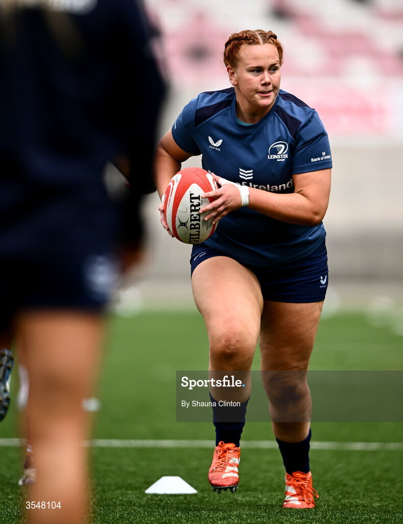 22 August 2026; Caoimhe Molloy of Leinster warms-up before the Vodafone Womens Interprovincial Championship Round 3 match between Ulster and Leinster at Affidea Stadium in Belfast. Photo by Shauna Clinton/Sportsfile