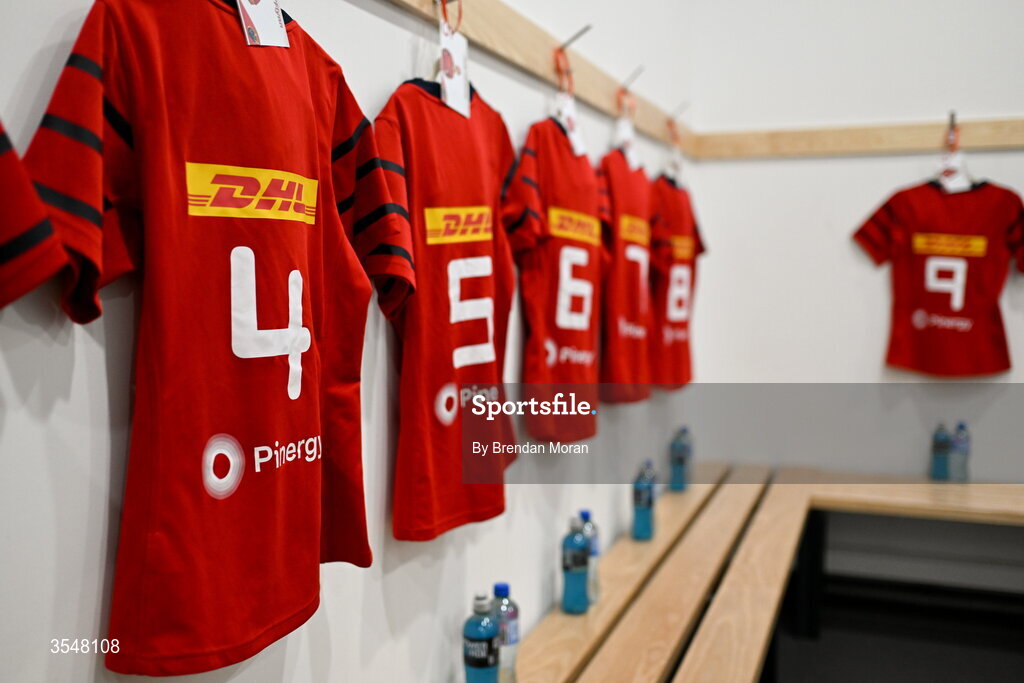 22 August 2026; Jerseys hang in the Munster dressingroom before the Vodafone Womens Interprovincial Championship Round 3 match between Connacht and Munster at Dexcom Stadium in Galway. Photo by Brendan Moran/Sportsfile