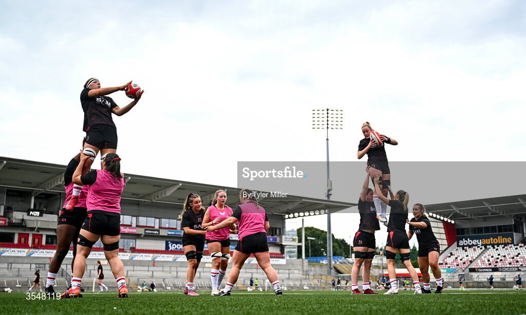 22 August 2026; Ulster players warm-up before the Vodafone Womens Interprovincial Championship Round 3 match between Ulster and Leinster at Affidea Stadium in Belfast. Photo by Tyler Miller/Sportsfile