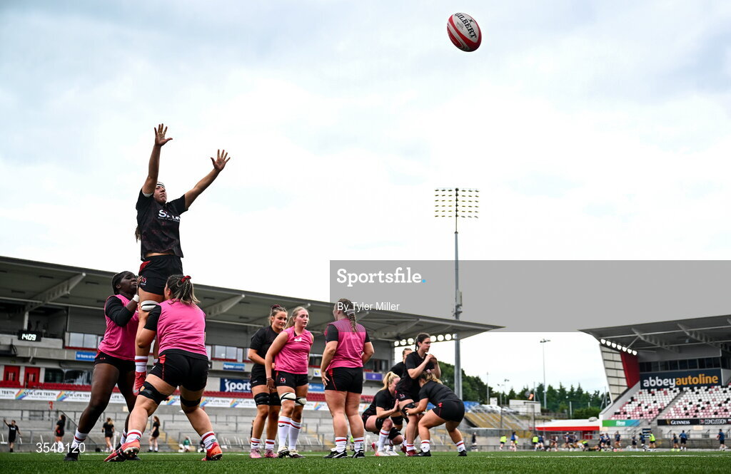 22 August 2026; Ulster players warm-up before the Vodafone Womens Interprovincial Championship Round 3 match between Ulster and Leinster at Affidea Stadium in Belfast. Photo by Tyler Miller/Sportsfile