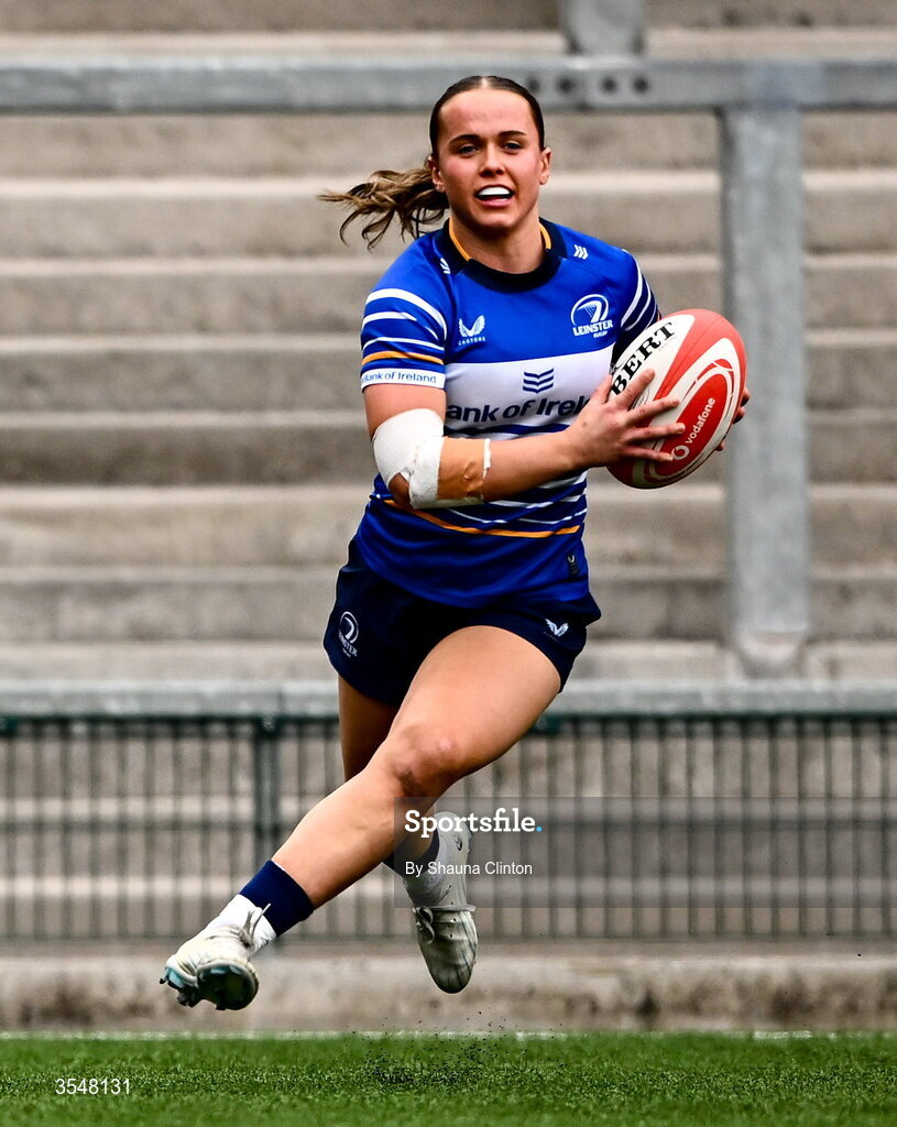 22 August 2026; Robyn O'Connor of Leinster scores her side's first try during the Vodafone Womens Interprovincial Championship Round 3 match between Ulster and Leinster at Affidea Stadium in Belfast. Photo by Shauna Clinton/Sportsfile