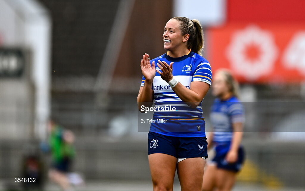 22 August 2026; Stacey Flood of Leinster celebrates after her side score their first try during the Vodafone Womens Interprovincial Championship Round 3 match between Ulster and Leinster at Affidea Stadium in Belfast. Photo by Tyler Miller/Sportsfile