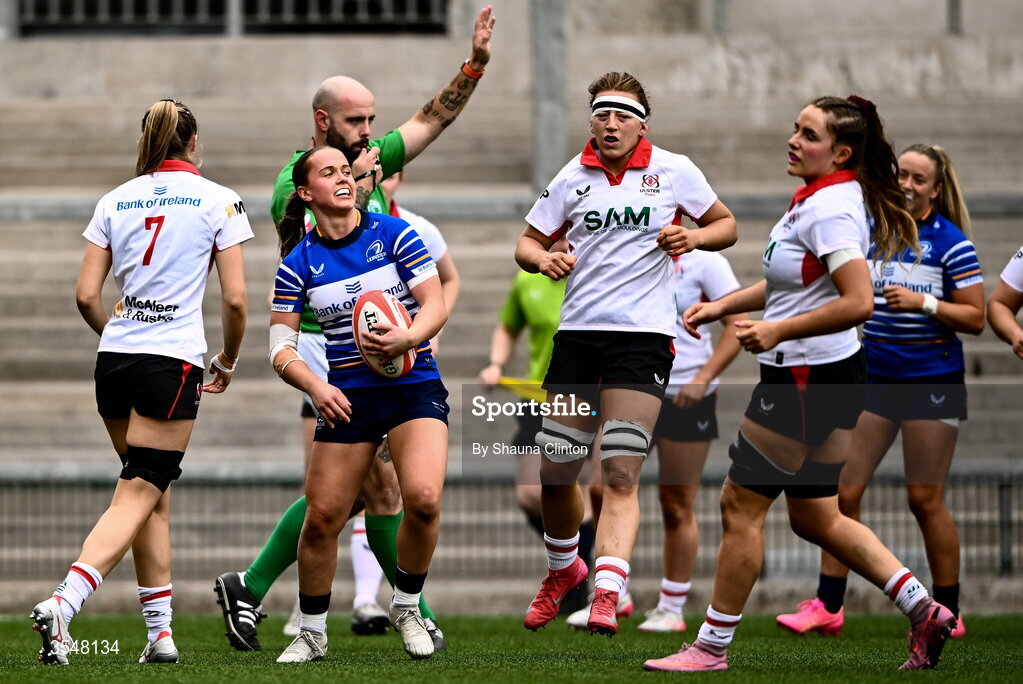 22 August 2026; Robyn O'Connor of Leinster scores her side's first try during the Vodafone Womens Interprovincial Championship Round 3 match between Ulster and Leinster at Affidea Stadium in Belfast. Photo by Shauna Clinton/Sportsfile